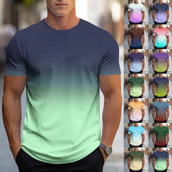 Pounoo T Shirts for Men Crew Neck Short Sleeve Solid Gradient Mens Shirts Regular Fit Outdoor Walking Breathable Mens Tops
