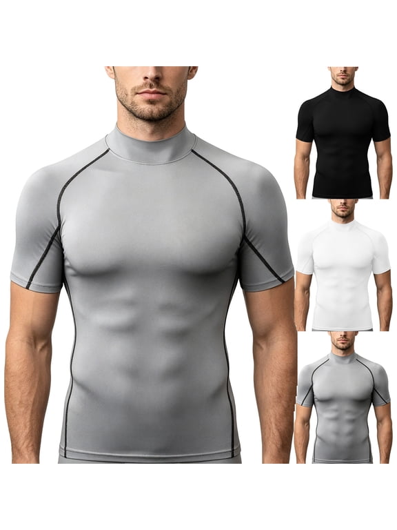 T Shirts for Men Mock Neck Short Sleeve Contrast Stitch Mens Shirts Slim Fit Gym Compression Stretchy Mens Tops
