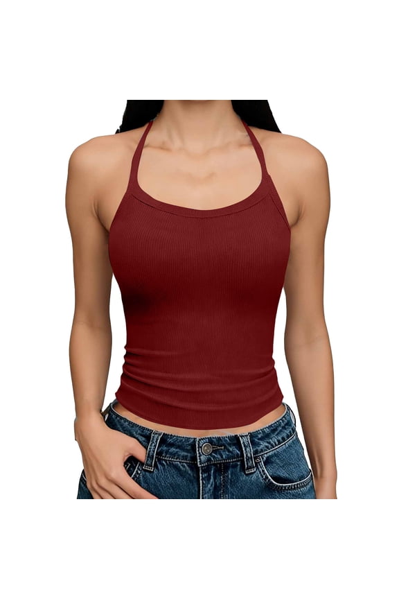 Tank Tops for Women Halter Neck Strap Ribbed Knit Slim Fit Cropped Top Strap Vacation Casual Outfits Gift