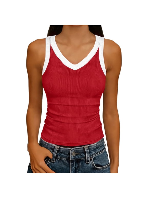 Tank Tops for Women Rib Knit V Neck Contrast Trim Sleeveless Racerback Tank Top Slim Fit Stretchy Fitted Basic Layering Tops Gift