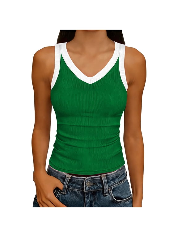 Tank Tops for Women Rib Knit V Neck Contrast Trim Sleeveless Racerback Tank Top Slim Fit Stretchy Fitted Basic Layering Tops Gift