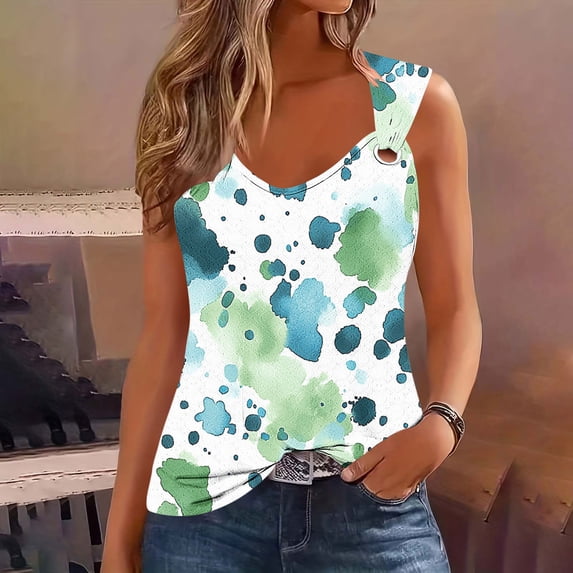 Pounoo Tank Tops for Women V Neck Boho Floral Print with Metal Ring Detail Loose Fit Soft Comfy Casual Daily Shirts Gift