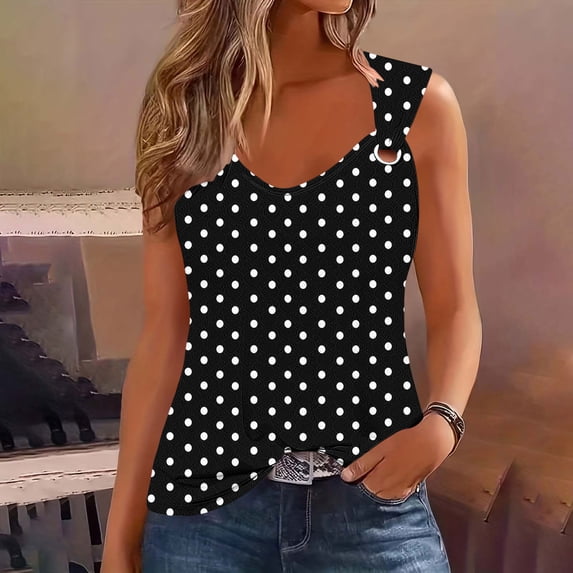 Pounoo Tank Tops for Women V Neck Polka Dot Print with Metal Ring Detail Loose Fit Soft Comfy Casual Daily Shirts Gift