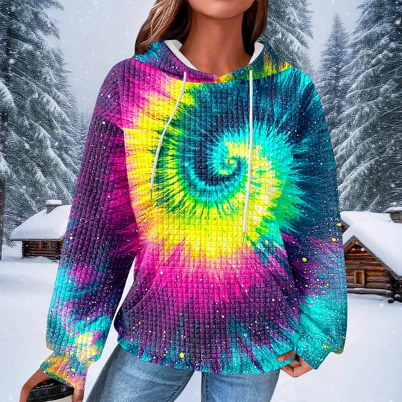 Pounoo Tie Dye Hoodies for Women Waffle Knit Multicolor Oversized Long Sleeve Sweatshirts Casual Loose Tunic Tops with Pocket Gift
