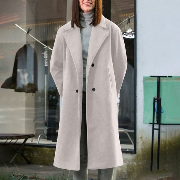 Pounoo Trench Winter Coat for Women Double Breasted Wool Blend Pea Coats Winter Fashion Notched Lapel Collar Overcoat with Pockets Gift