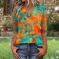 thumbnail image 1 of Pounoo Tropical Print V Neck 3/4 Sleeve Blouses for Women Palm Leaf & Floral Pattern Button Front Puff Sleeves Breathable Vacation Casual Outfits Shirts Gift, 1 of 6