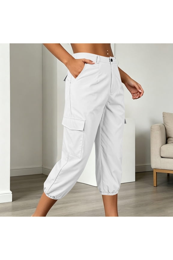 Trousers for Women High Waist Button Front Cargo Capri Pants Urban Casual Wear Elastic Cuffs Loose Fit Bottoms Gift