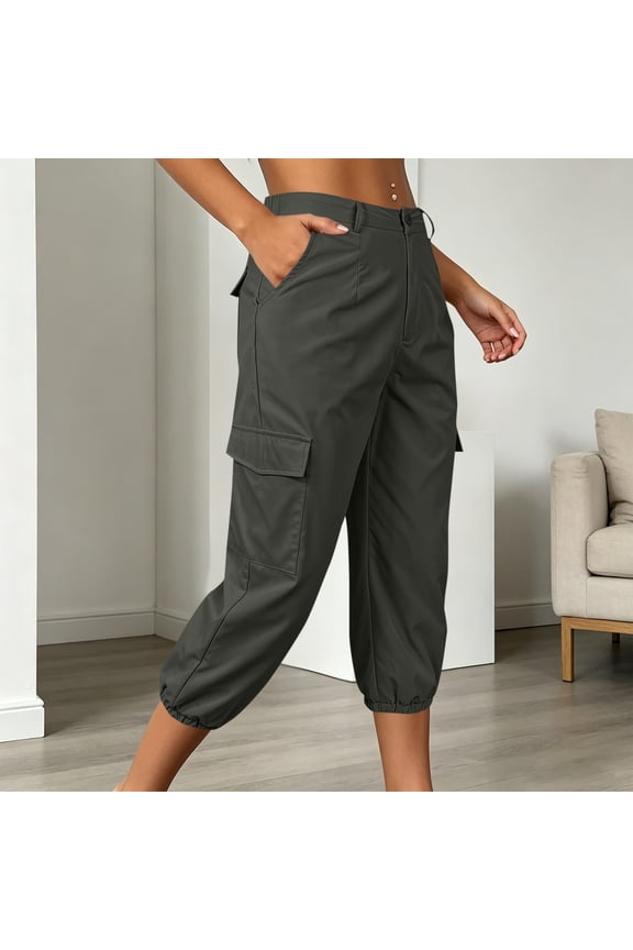 Trousers for Women High Waist Button Front Cargo Capri Pants Urban Casual Wear Elastic Cuffs Loose Fit Bottoms Gift