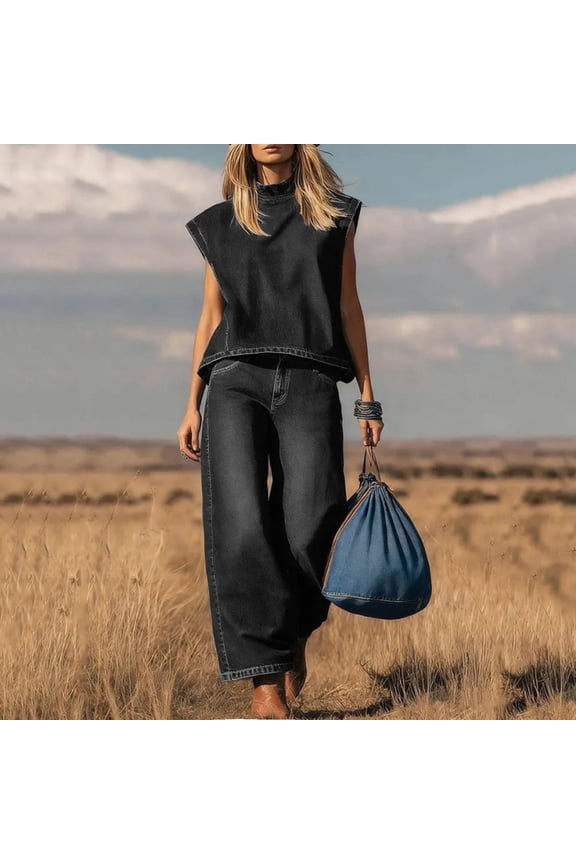 Two Piece Sets for Women Denim High Neck Sleeveless Top Elastic Waist Wide Leg Pants Casual Western Style Daily Street Vacation Outfits