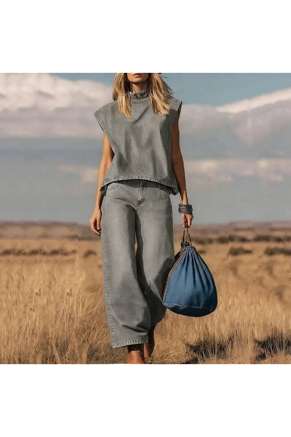 Two Piece Sets for Women Denim High Neck Sleeveless Top Elastic Waist Wide Leg Pants Casual Western Style Daily Street Vacation Outfits