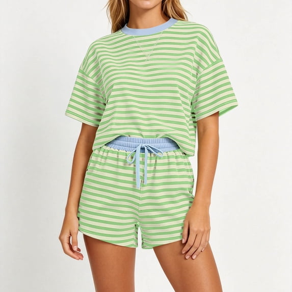 Pounoo Two Piece Sets for Women Round Neck Striped Pattern Drawstring Detail Loose Fit Suits Beach Daily Style Soft Breathable Shorts