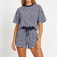 thumbnail image 1 of Pounoo Two Piece Sets for Women Round Neck Striped Pattern Drawstring Detail Loose Fit Suits Beach Daily Style Soft Breathable Shorts, 1 of 6