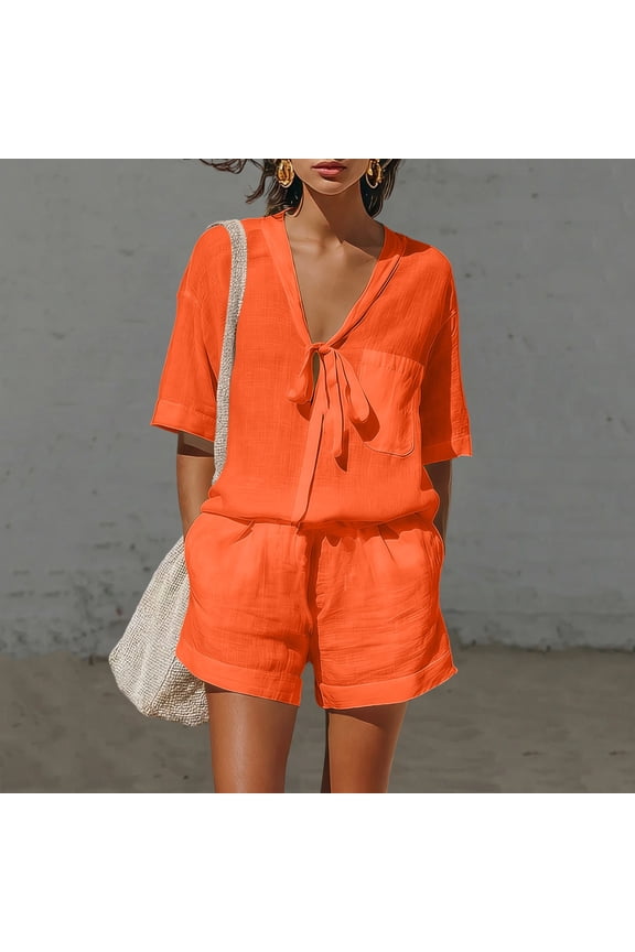 Two Piece Sets for Women Short Sleeve Tie Neck Tops with Linen Shorts for Retro Casual Resort Strolls Comfortable Relaxed-Fit Suits Gift