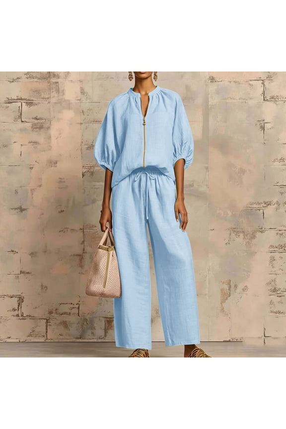 Two Piece Sets for Women Summer Lightweight Textured Blouse with Relaxed Palazzo Pants Breathable Resort Travel Daily Loungewear Sets