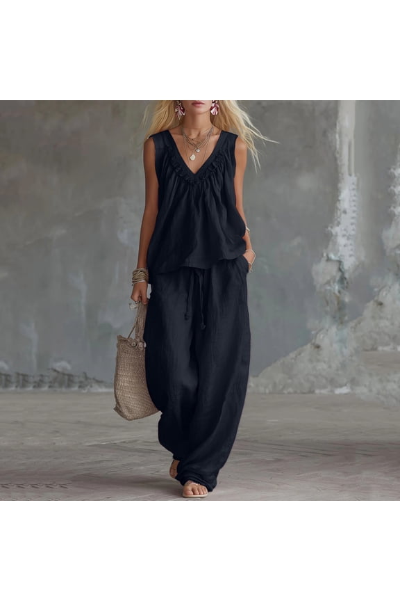 Two Piece Sets for Women Summer Textured Linen Sleeveless Blouse & Loose Palazzo Pants Breathable Resort Daily Loungewear Outfits