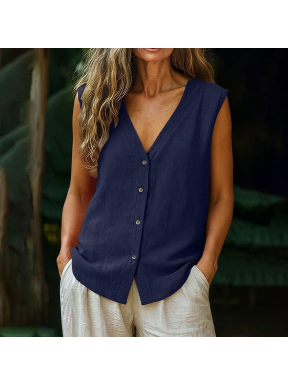 Vests for Women V Neck Button Front Sleeveless Tops for Women Loose Fit Daily Layering Versatile Linen Tops for Women
