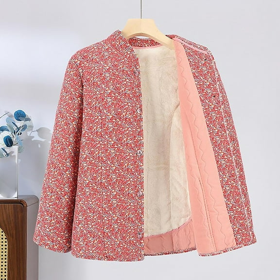 Pounoo Vintage Floral Print Quilted Jackets for Women Long Sleeve Covered Button Thick Coat With Pocket Gift
