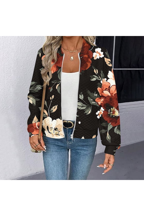 Waffle Knit Bomber Jackets for Women Zip Up Long Sleeve Outerwear with Pockets Fall Casual Lightweight Jackets