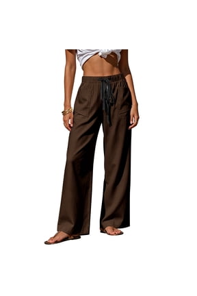 Wide Leg Pants for Women Elastic High Waist Solid Color Big Pocket Drawstring Closure Loose Fit Trousers Beach Vacation Style Airy Soft Bottoms