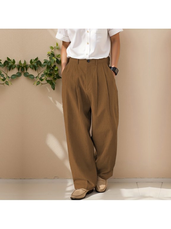 Wide Leg Pants for Men High Waisted Pleated Front Button Fly Linen Blend Loose Fit Breathable Office Casual Daily Chic Trousers Gift