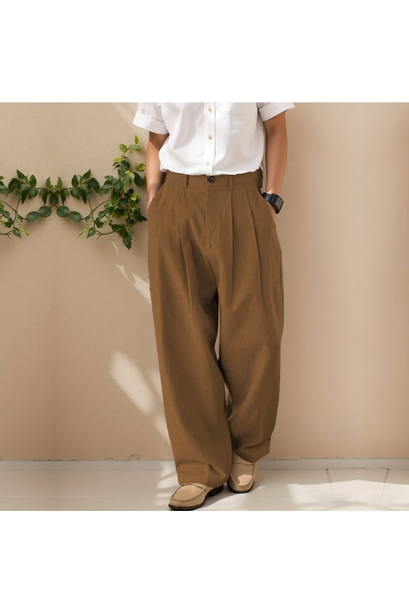 Wide Leg Pants for Men High Waisted Pleated Front Button Fly Linen Blend Loose Fit Breathable Office Casual Daily Chic Trousers Gift