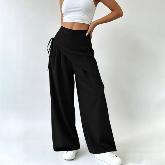 Pounoo Wide Leg Pants for Women Cross Over Waist With Side Tie Detail Casual Pants Urban Minimalist Style Breathable Comfortable Loose-Fit Pants Gift
