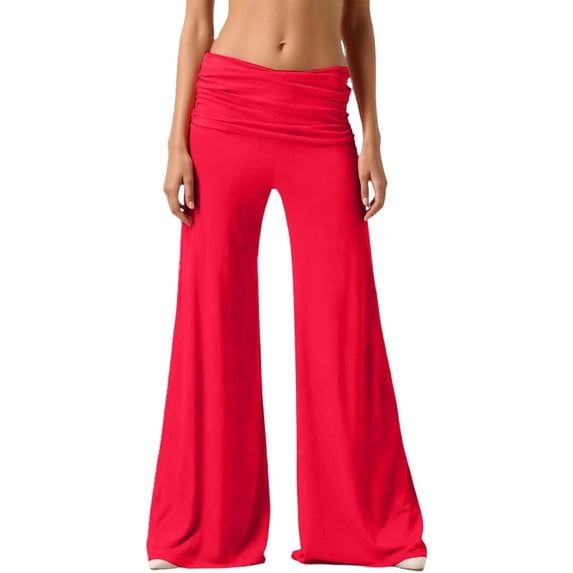 Pounoo Wide Leg Pants for Women Low Waisted Ruched Fold Over Waist Flowy Pants Soft Stretchy Yoga Dance Trousers Gift