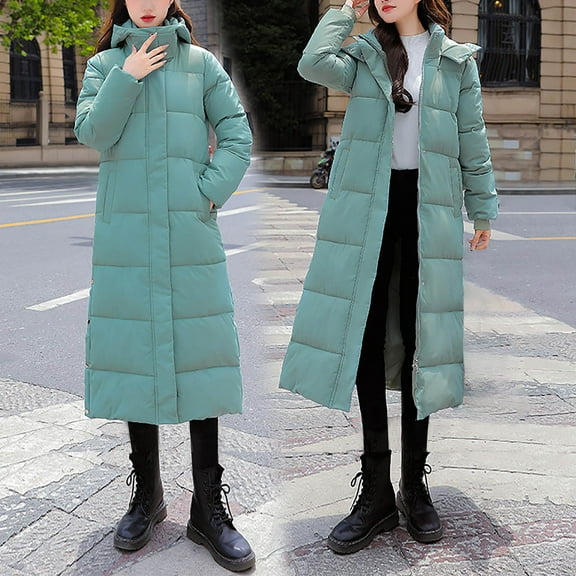Pounoo Winter Clothing for Women Long Parka Puffer Zipper Hooded Coat Thicken Quilted Ankle Length Maxi Long Coats Anorak Outwear Gift