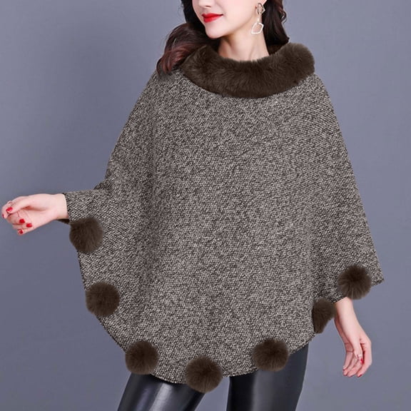 Pounoo Winter Clothing for Women O Neck Capes Pullover Batwing Sleeves Lining fleece Thick Warm Shawl Coat Gift