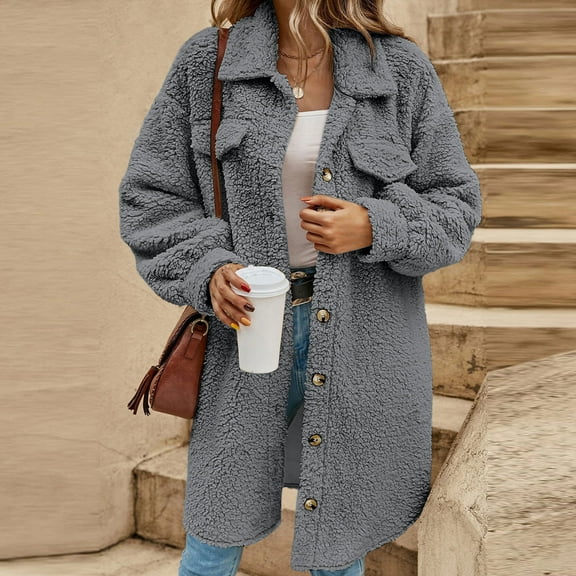 Pounoo Winter Coats for Women Lapel Button Down Long Fuzzy Fleece Coat Insulated Warm Fluffy with Front Pocket Sherpa Jacket Outwear Gift
