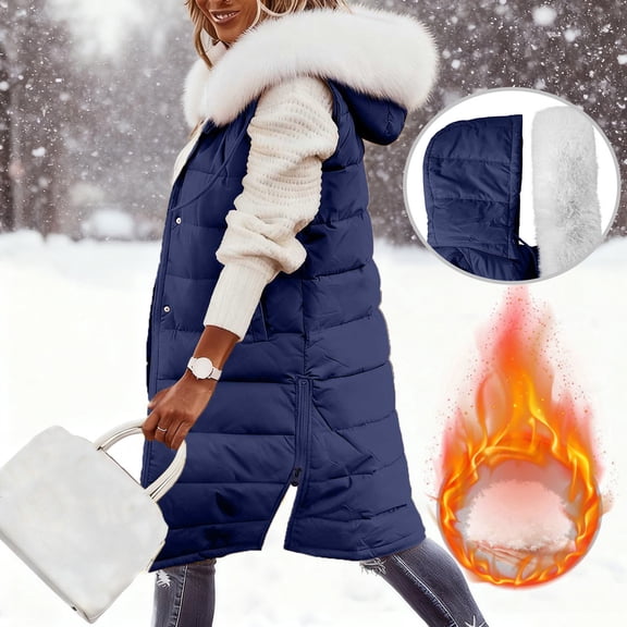 Pounoo Winter Coats for Women Lightweight Quilted Zip Up Hooded Vest Casual Warm Sleeveless Outwear with Fuzzy Fleece Hood Gift