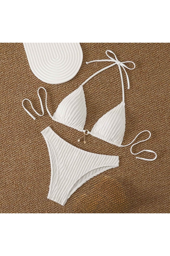 Women Bikini Sets Halter Neck Triangle Cups Ribbed Texture Swimsuits Beach Vacation Pool Party Bathing Suits Gift
