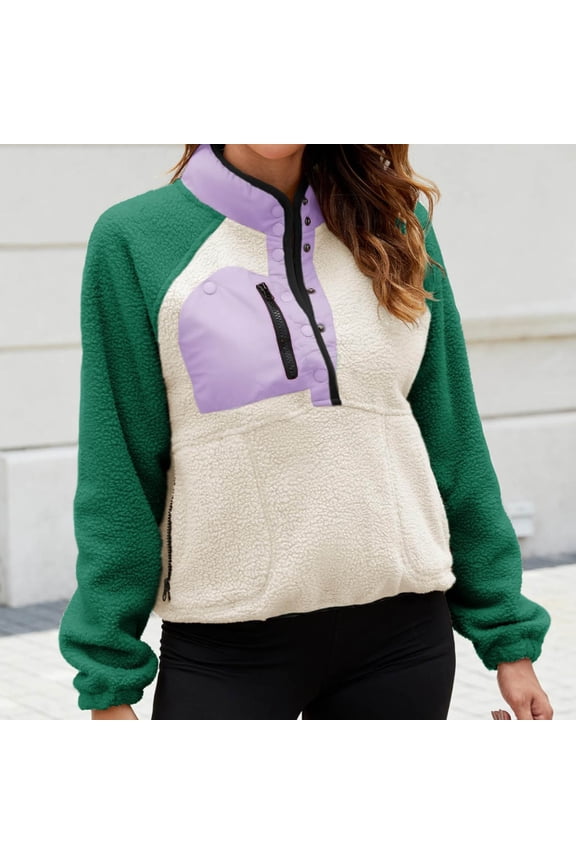 Women Fall Fuzzy Fleece Sherpa Clothes Colorblock Lightweight Button Down Long Sleeve Sweatshirt Winter Fleece Jacket with Pockets Gift
