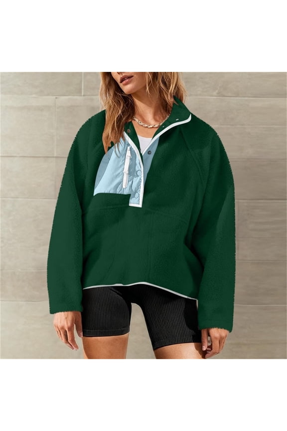 Women Fall Fuzzy Fleece Sherpa Clothes Colorblock Lightweight Button Down Long Sleeve Sweatshirt Winter Fleece Jacket with Pockets Gift