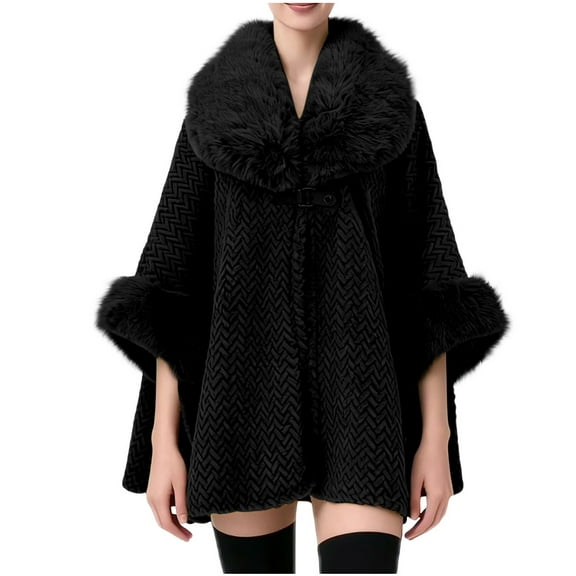 Pounoo Women Fuzzy Fleece Shawl Collar Poncho Elegant Furry Batwing Cape with Buckle Front Tie Belt Loose Coat Bride Wedding Party Shawl Cloak Coat Gift