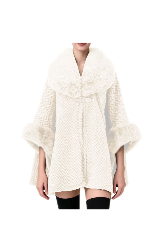 Women Fuzzy Fleece Shawl Collar Poncho Elegant Furry Batwing Cape with Buckle Front Tie Belt Loose Coat Bride Wedding Party Shawl Cloak Coat Gift