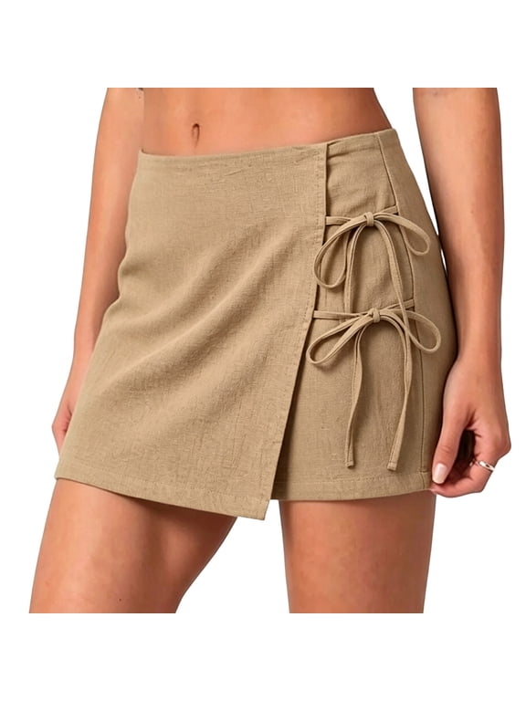 Women Linen Mini Skirt High Waisted A Line Drawstring Knot Side Skort with Shorts Underneath Dressy Casual Work Skirts with Pockets Gift
