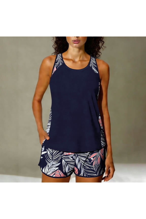 Women Summer Tankini Swimsuit with Shorts Floral Tummy Control Two Piece Bathing Suit Swimwear with Sporty Pockets Gift