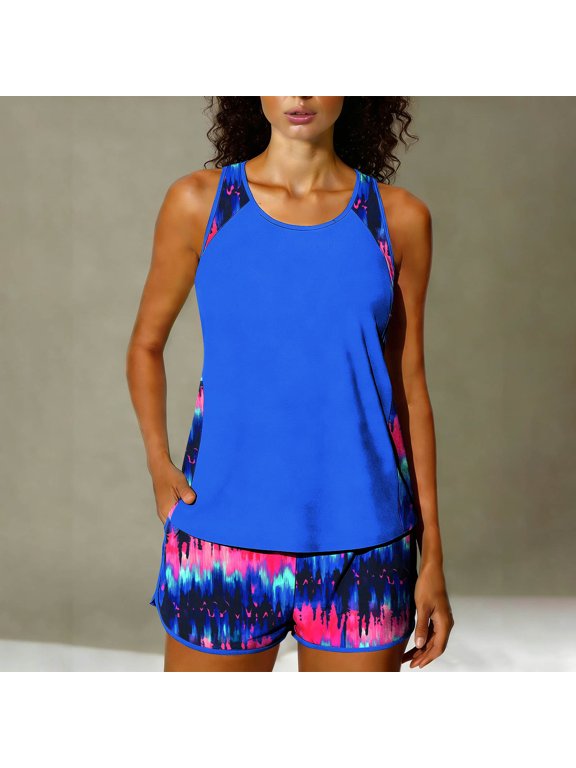Women Summer Tankini Swimsuit with Shorts Floral Tummy Control Two Piece Bathing Suit Swimwear with Sporty Pockets Gift