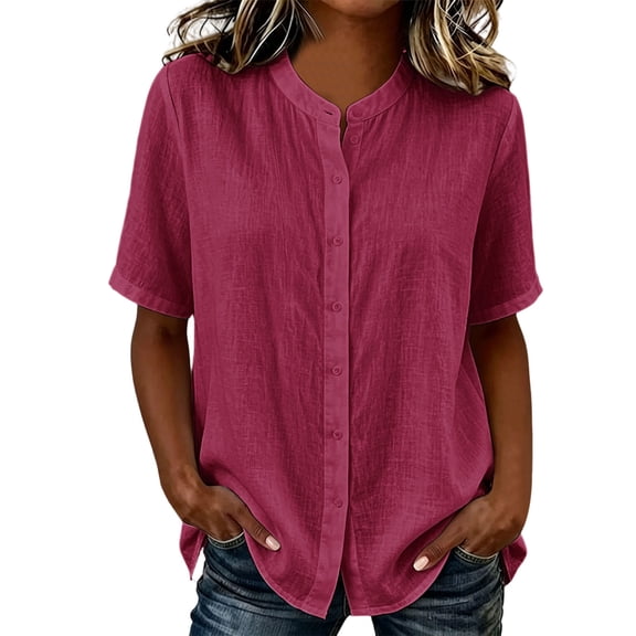 Pounoo Women's Blouses Mandarin Collar Short Sleeve Shirts Casual Office Lightweight Breathable Loose Fit Tops Gift