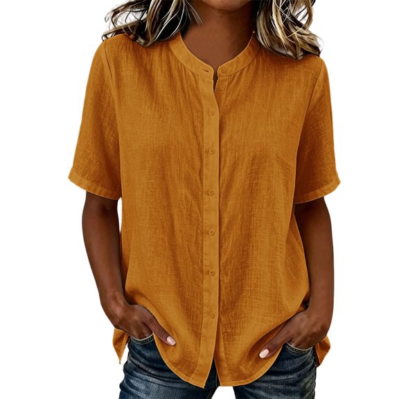 Pounoo Women's Blouses Mandarin Collar Short Sleeve Shirts Casual Office Lightweight Breathable Loose Fit Tops Gift