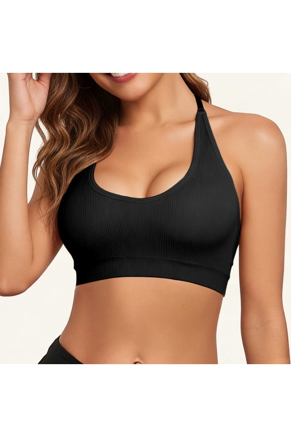 Women's Bralettes Halter Neck Ribbed Seamless Backless Solid Intimates Workout Style Soft Stretchy Supportive Sports Bras Gift