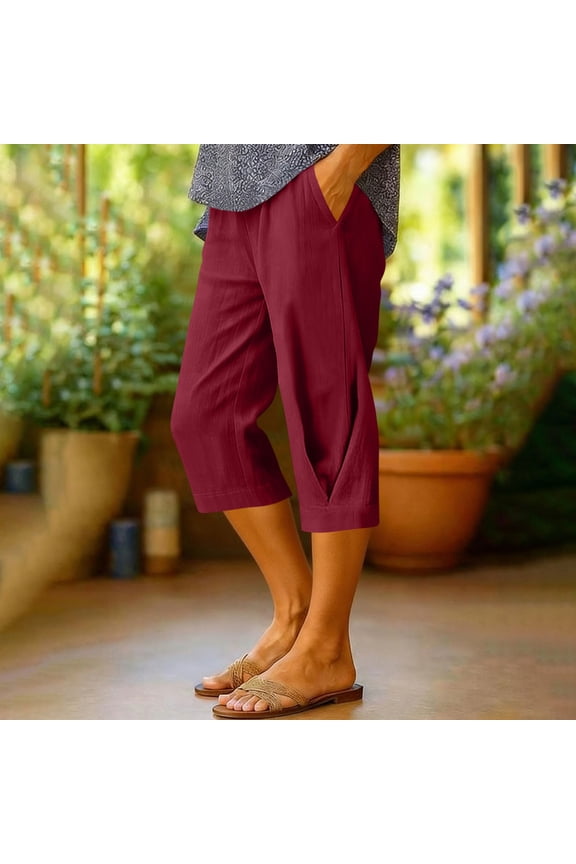 Women's Capri Pants Elastic Waist Crinkle Texture Pants Casual Errands Lightweight Soft Fabric Loose Straight Leg Pants Gift