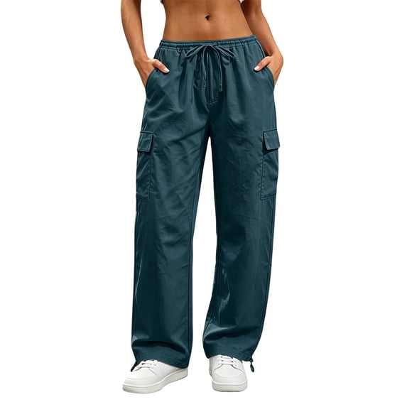 Pounoo Women's Cargo Pants Elastic Drawstring Waist Wide Leg Casual Trousers with Side Pockets Lightweight Durable Streetwear Comfortable Bottoms Gift