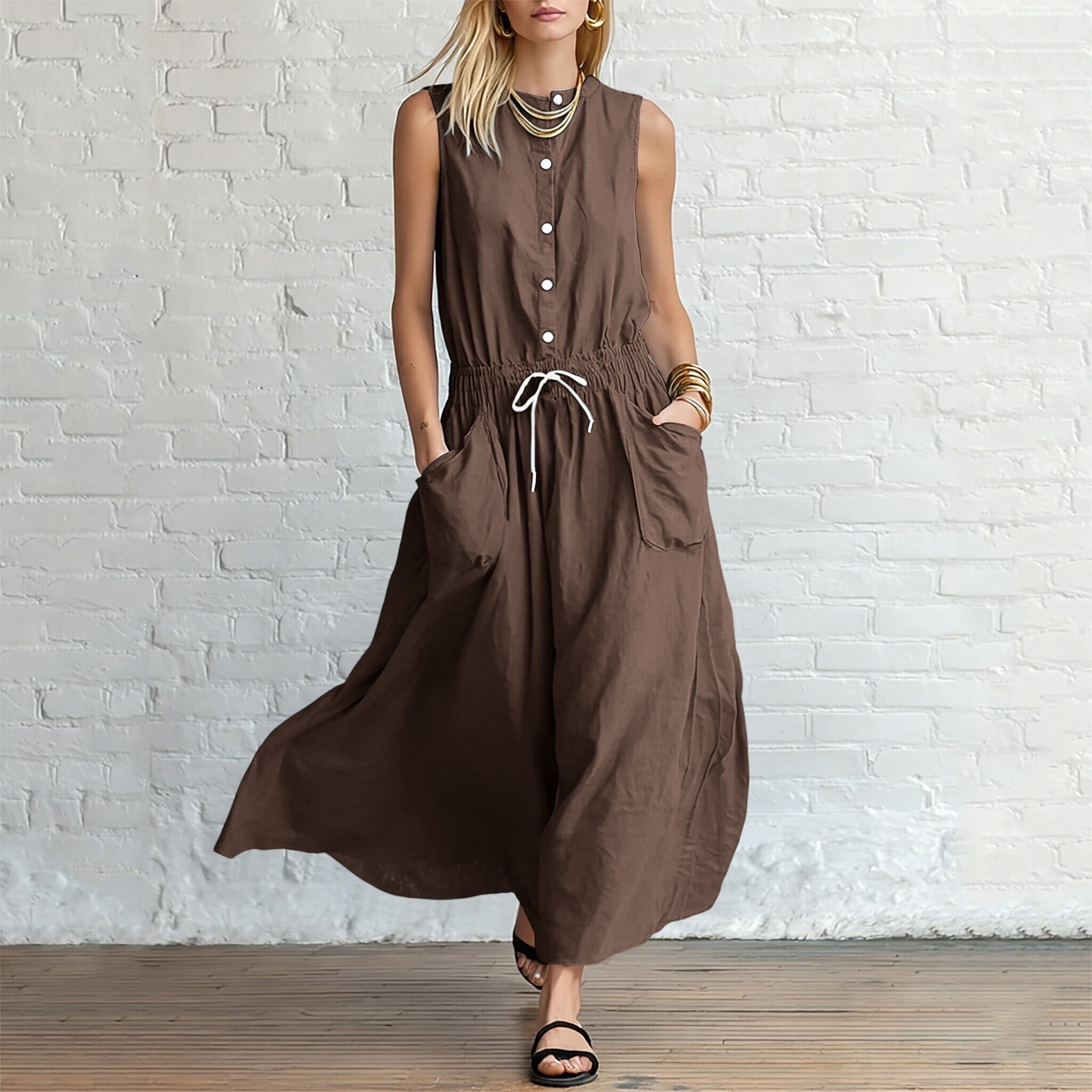 pocketed maxi dress Pounoo Women's Casual Dresses Sleeveless Round Neck Pocketed Maxi Dress  Vacation Style Comfortable Stretchy Breathable Loose Fit Sundresses Gift