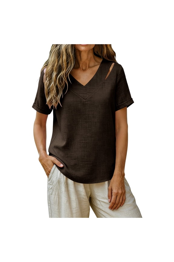 Women's Casual Tops V Neck Short Sleeve Cutout Shoulder Curved Hem Tops Summer Loose Fit Comfy Tunics Gift