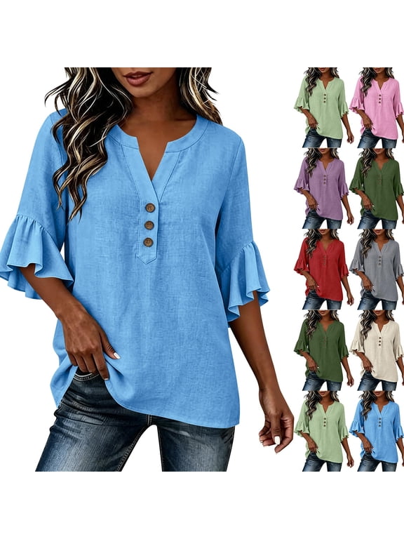 Women's Cotton Tops 3/4 Sleeve V Neck Ruffle Flounce Blouses Elegant Casual Wear Lightweight Breathable Relaxed Fit Shirts Gift