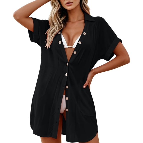 Pounoo Women's Cover Ups Button Front Short Sleeve Shirt Dresses Beach Vacation Style Lightweight Breathable Loose Fit Tops Gift