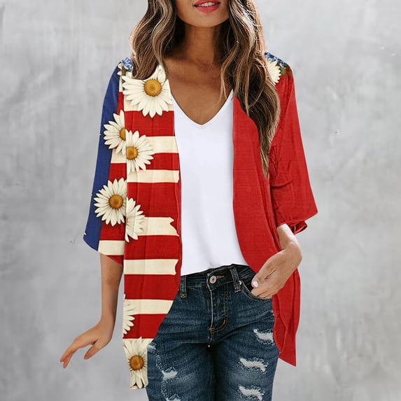 Pounoo Women's Cover Ups Open Front 3/4 Sleeve Rose Print Cardigans Casual Lightweight Loose Fit Kimonos Gift