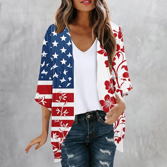 Pounoo Women's Cover Ups Open Front 3/4 Sleeve Rose Print Cardigans Casual Lightweight Loose Fit Kimonos Gift